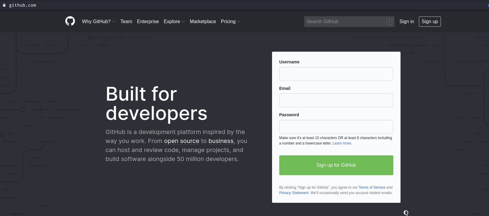 Imagem mostrando a tela inicial do github.com com um formulário para cadastro