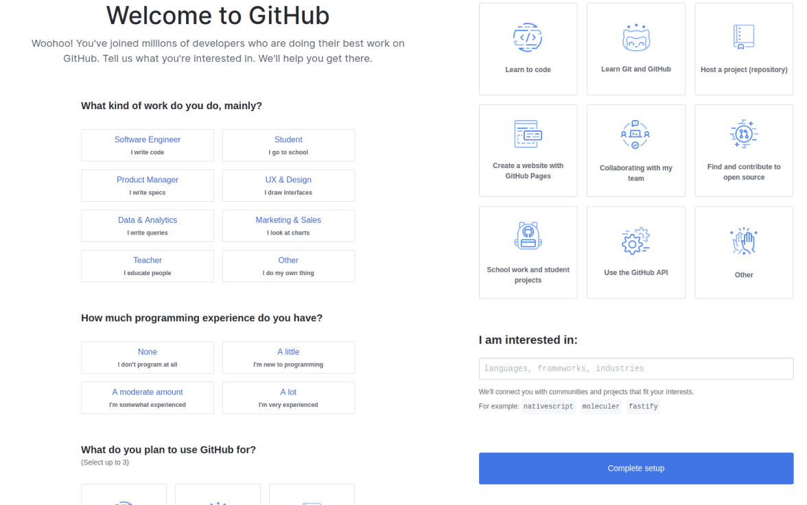 Imagem mostrando alguns 'cards' onde é possível selecionar o seu perfil como usuário do git